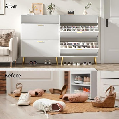 JOZZBY Shoe Cabinet Storage for Entryway, Freestanding Slim Shoe Organizer Cabinet with 2 Flip Drawers, Narrow Shoe Rack with Open Shelves for Hallway, Living Room, White
