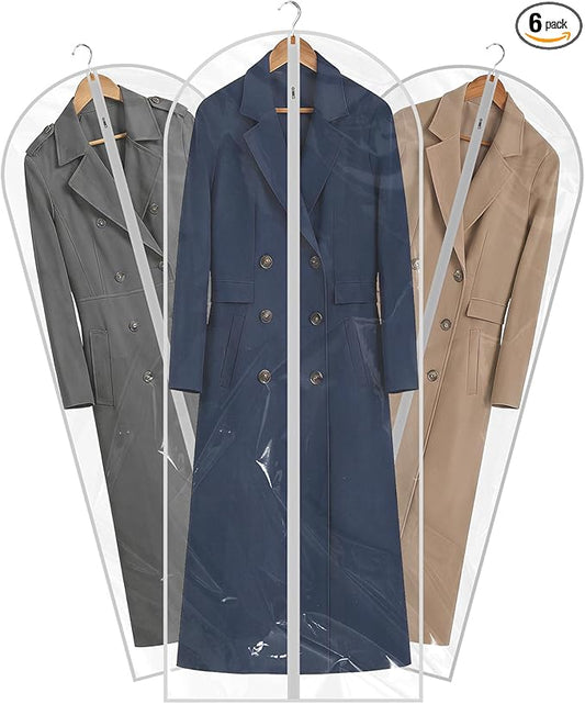 60” All Clear Garment Bags for Travel - PEVA Waterproof Suit Cover with Zipper for Hanging Clothes, long Gowns - Durable Dresser for Closet Storage, Dustproof & Moisture Resistant - 60”/6 Pack