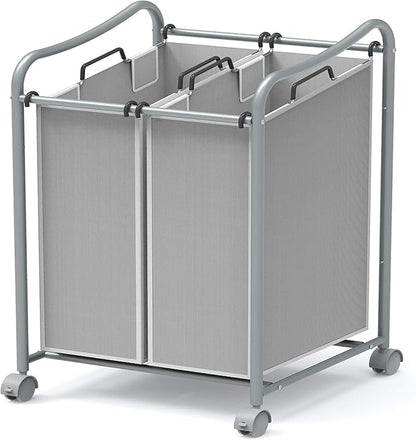 Simple Houseware 2-Bag Heavy Duty Rolling Laundry Sorter Cart, Silver – 2 Section Removable Bags and Lockable Wheels for Laundry Room Organization