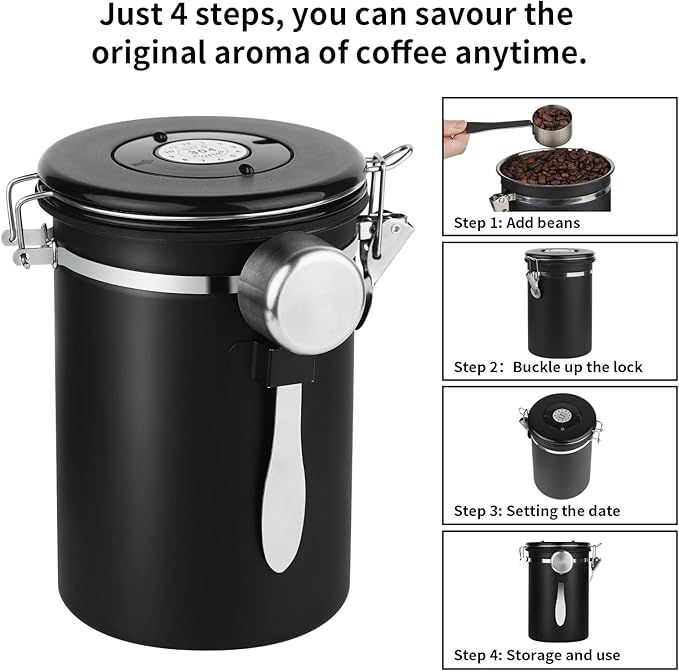 Ohtomber Coffee Canister Storage Container - 22OZ Stainless Steel Airtight Coffee Bean Storage Grounds Container with Date Tracker & Measuring Scoop, Kitchen Food Canister Jar for Cereal, Sugar, Tea