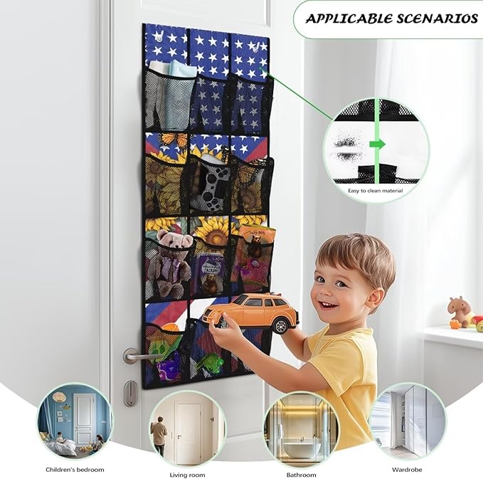 Over The Door Shoe Organizer 12 Large Mesh Pockets Boots Hanging Storage Shoe Rack for Closet Easy to Install Machine Washable,Sunflower American Flag