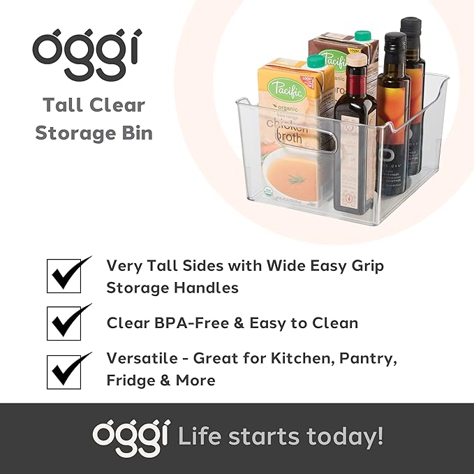 Oggi Storage Bin With Handles - Deep (9.75" x 9" x 6") - Ideal for Kitchen Organization, Pantry Storage, Fridge Organizing, Clear