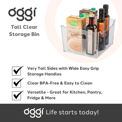 Oggi Storage Bin With Handles - Deep (9.75" x 9" x 6") - Ideal for Kitchen Organization, Pantry Storage, Fridge Organizing, Clear (Pack of 2)