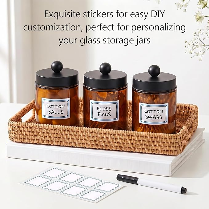 Accguan Amber Apothecary Jars Bathroom Vanity Storage Organizer Set, 6 Pack with Black Stainless Steel Lids and Labels, Qtip Dispenser Holder for Cotton Swabs, Cotton Balls, Makeup Sponges