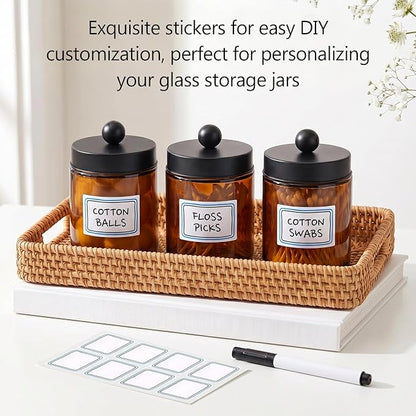 Accguan Amber Apothecary Jars Bathroom Vanity Storage Organizer Set, 6 Pack with Black Stainless Steel Lids and Labels, Qtip Dispenser Holder for Cotton Swabs, Cotton Balls, Makeup Sponges