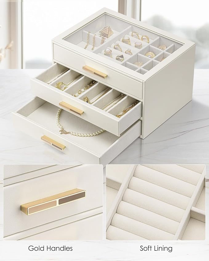 VLANDO Jewelry Box for Women, 3-Layer Jewelry Organizer with Drawers, Glass Lid Display Jewelry Storage, Soft PU Leather Exterior, Contrast Gold Metal Handles, Refined Style - Beige