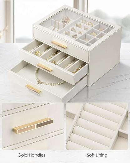 VLANDO Jewelry Box for Women, 3-Layer Jewelry Organizer with Drawers, Glass Lid Display Jewelry Storage, Soft PU Leather Exterior, Contrast Gold Metal Handles, Refined Style - Beige