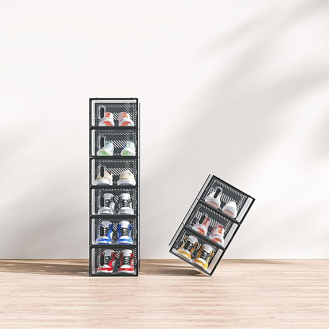 Shoe Storage Organizer Stackable Boxes for Closet, Space-Saving Shoe Rack for Sneaker Boot Container, Plastic Shoe Cabinet Shoe Box 6 Pack (Black)
