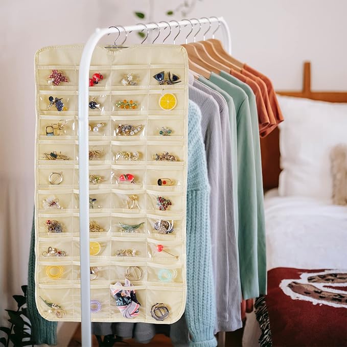 Bloss Hanging Jewelry Organizer 80 Pockets Hanging Double-Side Jewel Hanger For Jewelry Earring Storage, Jewelry Organizers and Storage for Wall, Door, Travel-Beige