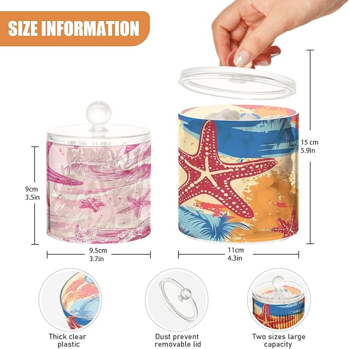 2 Pack Qtip Dispenser Apothecary Jars with Lids Cotton Round Holder Bathroom Canisters for Cotton Swab Floss Ball Pads Clear Plastic Decorative Summer Beach Starfish Waves