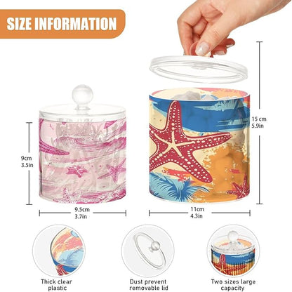 2 Pack Qtip Dispenser Apothecary Jars with Lids Cotton Round Holder Bathroom Canisters for Cotton Swab Floss Ball Pads Clear Plastic Decorative Summer Beach Starfish Waves