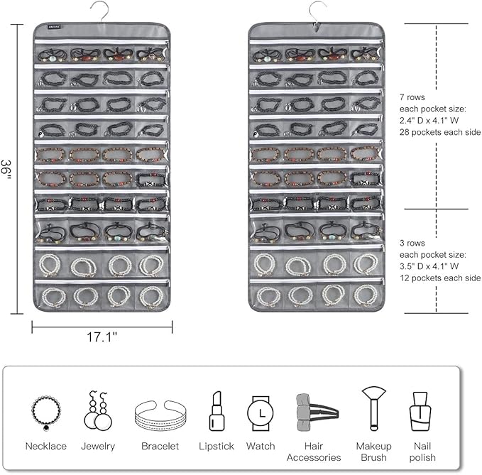 80 Zippered Pockets Hanging Jewelry Organizer for Holding Jewelries Dual-Sided Accessory Display Holder for Earrings Bracelets Rings (80 Zippered Pockets-Grey)