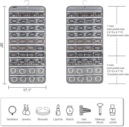 80 Zippered Pockets Hanging Jewelry Organizer for Holding Jewelries Dual-Sided Accessory Display Holder for Earrings Bracelets Rings (80 Zippered Pockets-Grey)