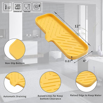 MicoYang Silicone Bathroom Soap Dishes with Drain Spout-Bathroom and Kitchen Sink Organizer,Sponge Holder,Dish Soap Tray,Perfect for Dispenser,Scrubber,Bottle,Cup on Sink or Counter-Yellow 12"×4"