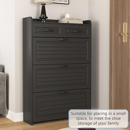 Vibe & Dine Narrow Shoe Organizer Cabinet with 3 Large Flip Drawers & 2 Storage Drawers - Slim Shoe Storage for Entryway, Hallway, Bedroom, Black