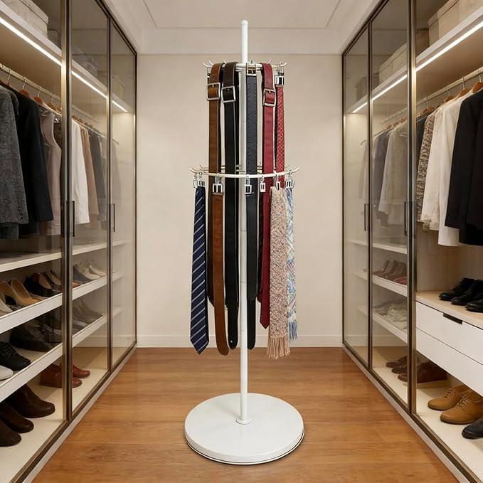 White Belt Display Scarf &Ties Rack Stand, 360° Rotation Floor Mounted Belt Hanger, Metal Men Closet Belt Organizer Holder Jewelry Necklaces Purse Hanger Shelf for Clothing Store Retail & Home
