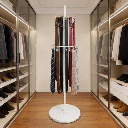White Belt Display Scarf &Ties Rack Stand, 360° Rotation Floor Mounted Belt Hanger, Metal Men Closet Belt Organizer Holder Jewelry Necklaces Purse Hanger Shelf for Clothing Store Retail & Home