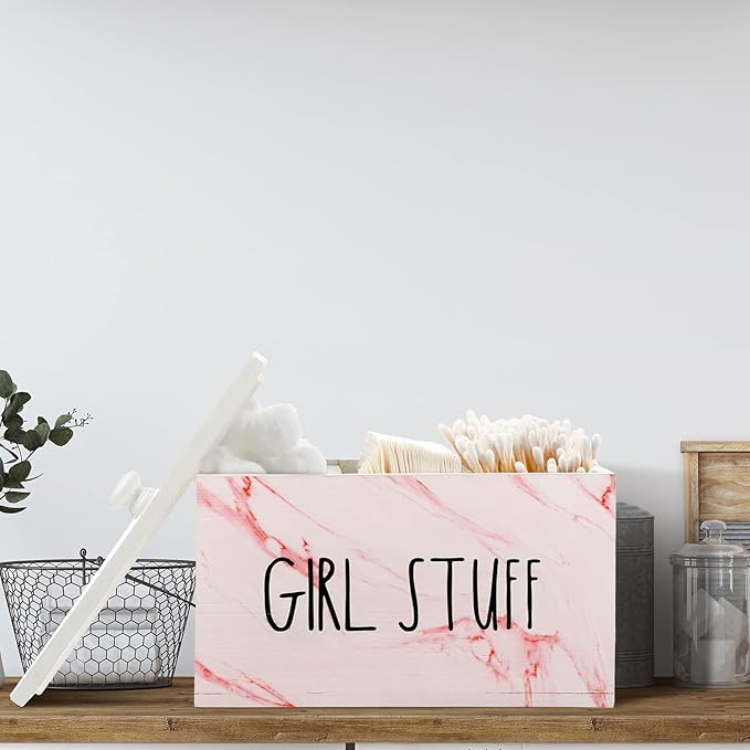 Tampon Holder for Bathroom with Movable Dividers Shark Tampon Storage Container Week with Lid Farmhouse Pad Container Box Feminine Product Organizer Girl Stuff Box for Bathroom(Pink Marble)