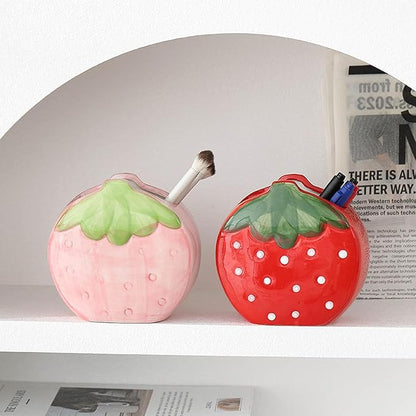 1 PC Ceramic Strawberry Makeup Holder Makeup Organizer Pen Holder Desktop Organizer (Red)