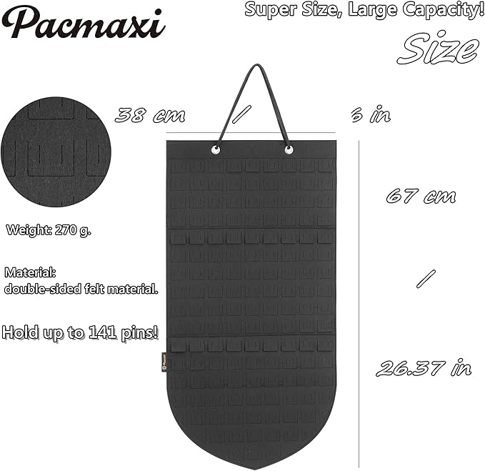 PACMAXI Hanging Brooch Pin Organizer, Display Pins Storage Case, Brooch Collection Storage Holder, Holds Up to 96 Pins.(Not Include Any Accessories) (Black, Small)