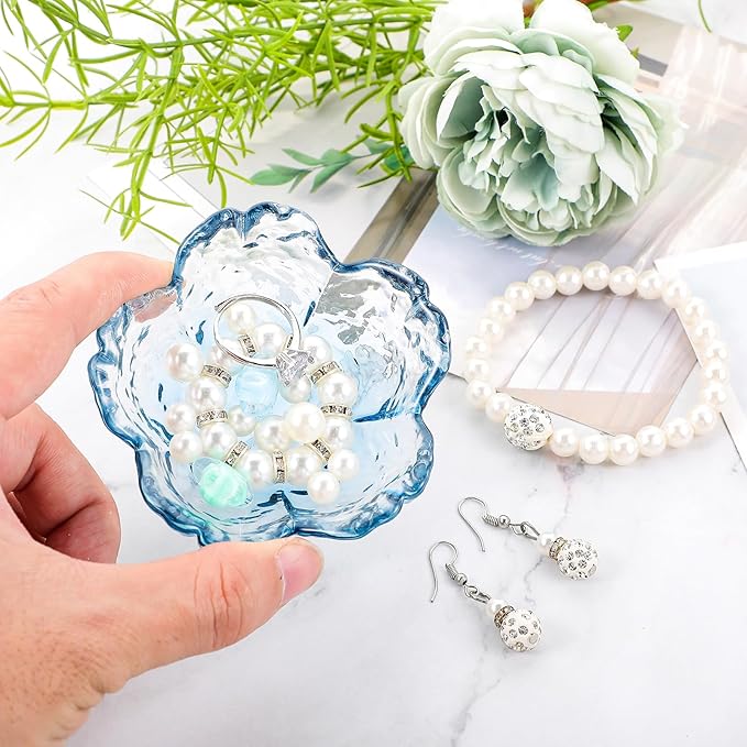 Qianyu Blue Flower Ring Dish Small Key Bowl Aesthetic Glass Trinket Tray Engagement Wedding Ring Holder Plate Room Decor Jewelry Dish Organizing Necklace Earrings for Mom Friend Sister