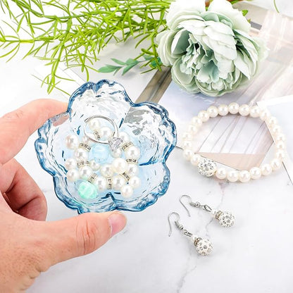 Qianyu Blue Flower Ring Dish Small Key Bowl Aesthetic Glass Trinket Tray Engagement Wedding Ring Holder Plate Room Decor Jewelry Dish Organizing Necklace Earrings for Mom Friend Sister