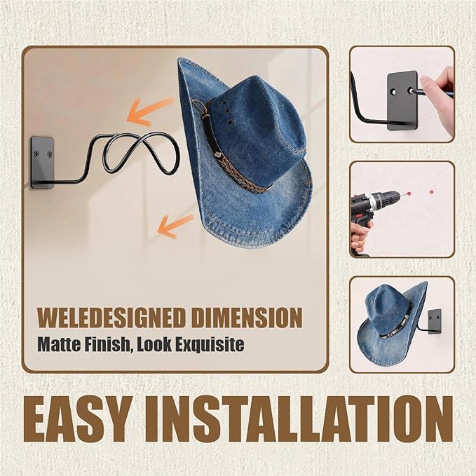 Cowboy Hat Holder, 4 Pack Cowboy Hat Rack for Wall, Metal Hat Hanger for Wall, Cowboy Hat Holder for Fedora, Sun Hats, Wide Brim, Hat Organizer Hooks Storage for Home, Black