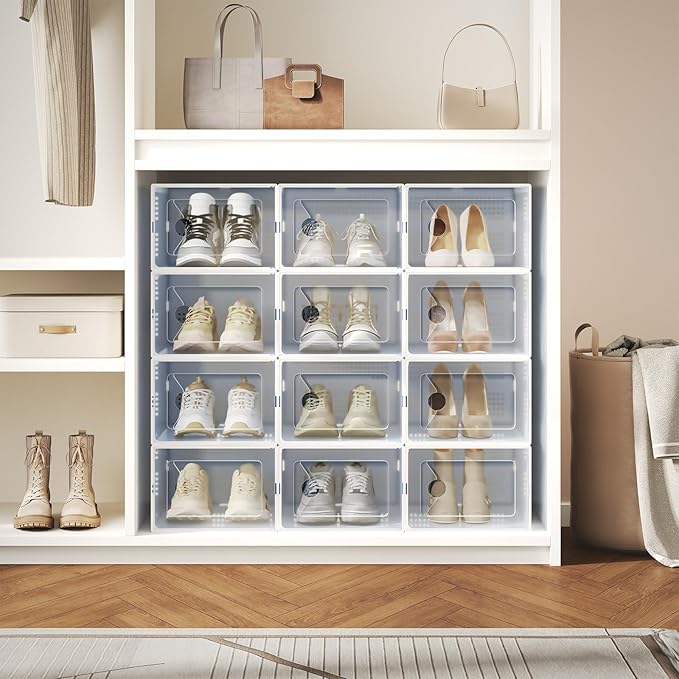 NEWBULIG 30 Clear Shoe Storage Boxes, Shoe Organizer for Closet with Lid, Plastic Stackable Breathable Shoe Cabinet with Lid for Sneakers, Heels & Boots, White
