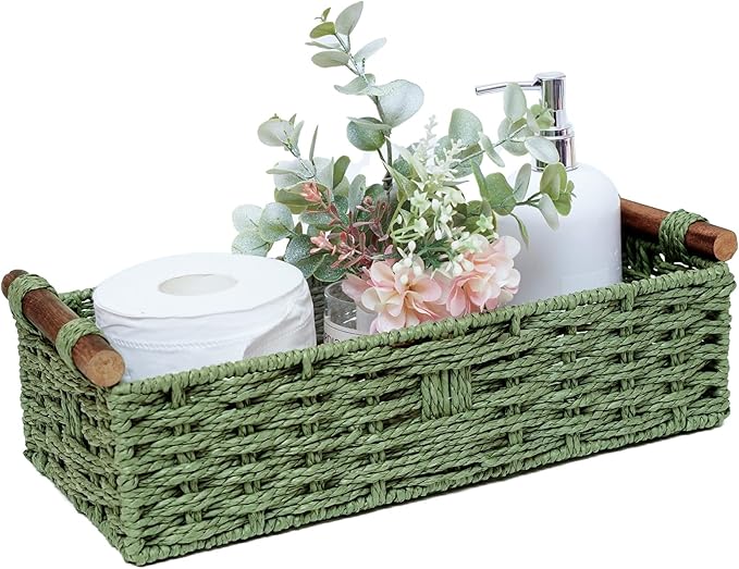 Round Paper Rope Storage Basket Wicker Baskets for Organizing with Handle Decorative Storage Bins for Countertop Toilet Paper Basket for Toilet Tank Top Small Baskets , Green