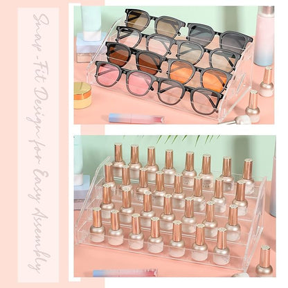 Jetec 2 Pcs Acrylic Card Display Stand Versatile Display for Trading Cards Greeting Card Sunglasses Organizer Nail Polish Holder Essential Oils Cosmetic Cases Eyewear Rack(4 Tiers Style)