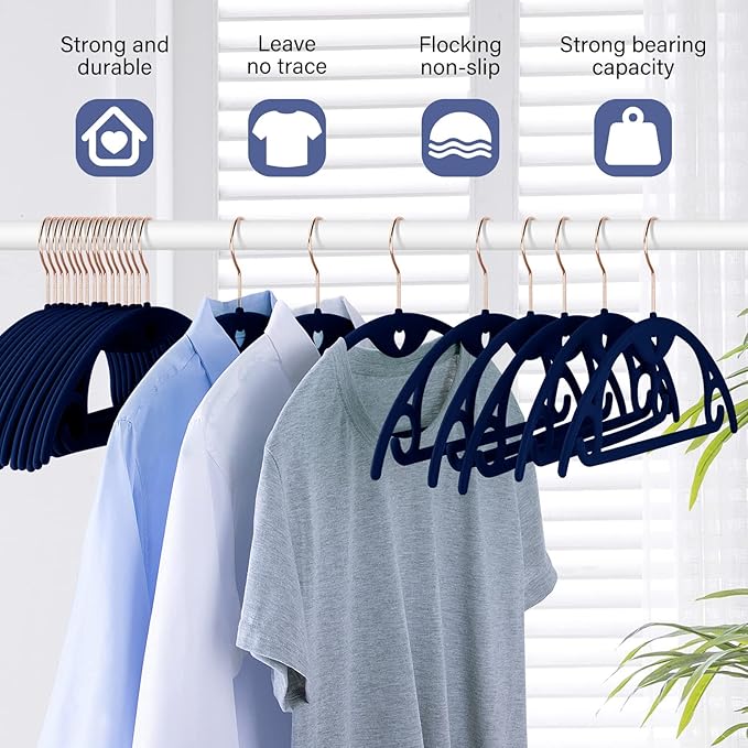 Velvet Hangers 50 Pack: Felt Clothes Hangers Heavy Duty Shirt Sweater Hangers No Shoulder Bump Non Slip Slim Thin Coat Hangers for Closet - Blue