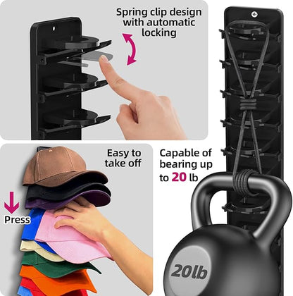 Spring Clip Hat Organizer for Baseball Caps – 2 Pack, Wall Hat Rack for Door & Closet – Keeps 20 Hats Tidy in Entryway, Dorm, Bedroom – Multi-Layer Cap Storage (Adhesive or Screws)