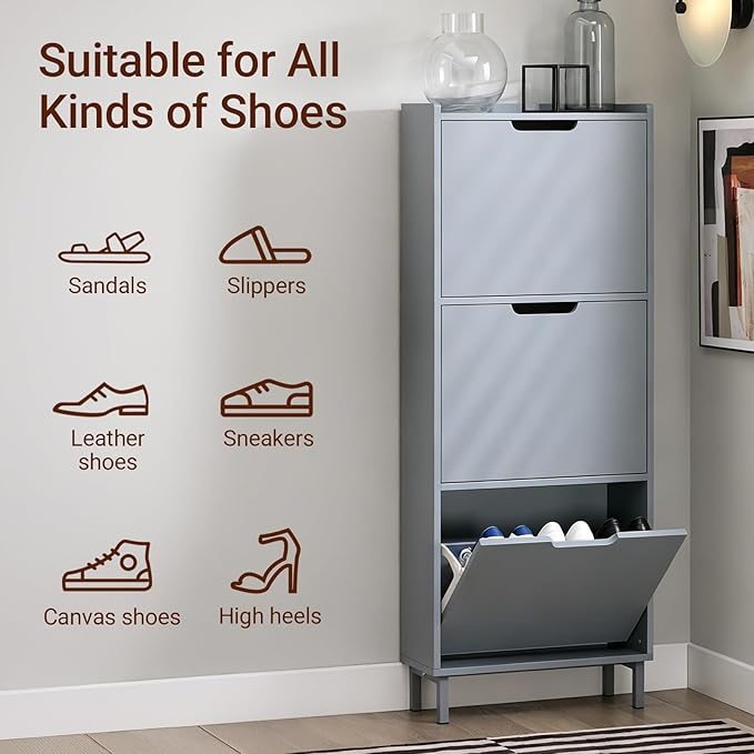 Haotian Slim Shoe Cabinet Entryway, Hidden Shoe Storage with Three Flip Drawers to Save Space, Freestanding Shoe Rack for Front Door, Entryway, Hallway Grey