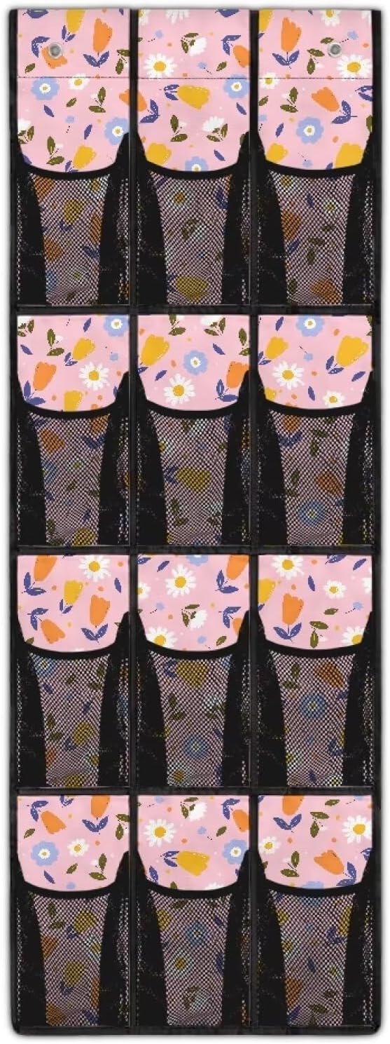 12-Pocket Waterproof Door Hanging Storage Bag Oxford Fabric Foldable and Designed for Bathroom Closet or Bedroom Organization, Tulip Daisy