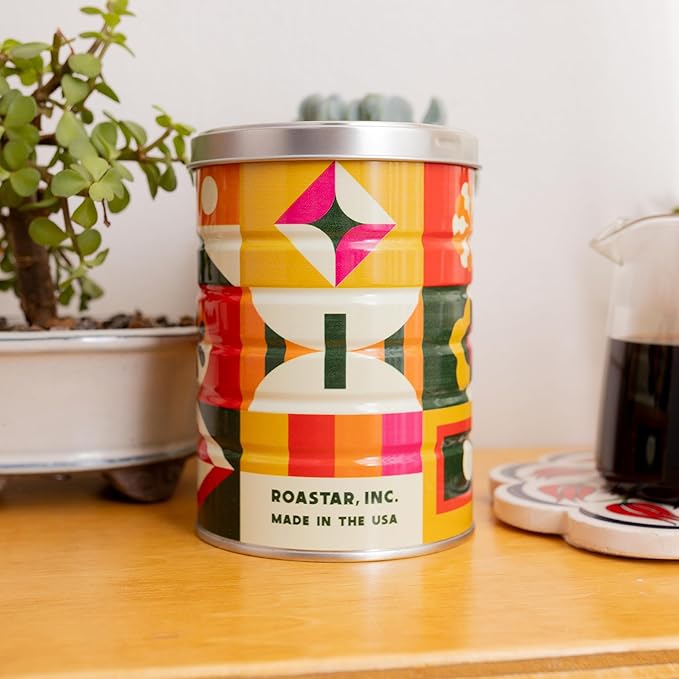 Retro Tin Can, Studio MPLS Designs, Collectable, Peel & Stick Valved End with Metal Lid, 8-12oz (4.0625 x 5.5 in) (Retro Block Design)