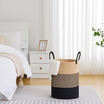 VIPOSCO Large Laundry Hamper, Tall Woven Rope Storage Basket for Blanket, Toys, Dirty Clothes in Living Room, Bathroom, Bedroom - 58L Brown & Black