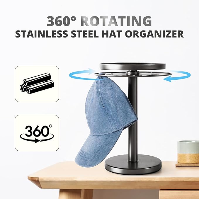 kondyfayo 360° Rotating Hat Organizer for Baseball Caps, Stainless Steel Hat Rack Holder with Top Storage Tray for Small Essentials, Ball Cap Storage Organizer for Closet, Entryway, Display (T-Black)