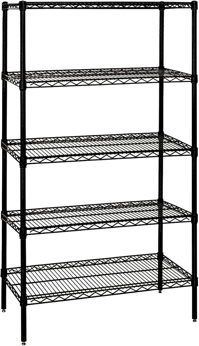 Quantum Storage Systems WR86-2148BK-5 Wire Shelving Starter Kit, 48" W x 21" D x 86" H, 600 lbs Capacity, Carbon Steel, Epoxy Coated, Black, NSF