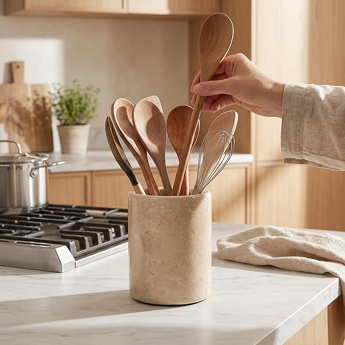 Radicaln Marble Utensil Holder 6.5" Inches Verona Handmade Spoon Holder for Kitchen Counter, Ideal Kitchen Utensils Set Organizer, Farmhouse Kitchens Decor & Cooking Utensil Storage