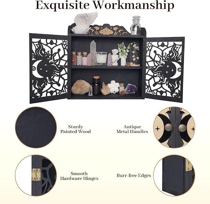 Large Crystal Display Shelf Case for Stones, Carved Sun Crescent Moon Shelf, Trinket Shelf Nail Polish Rack Crystal Holder Essential Oil Storage Rock Cabinet Gem Stone Organizer