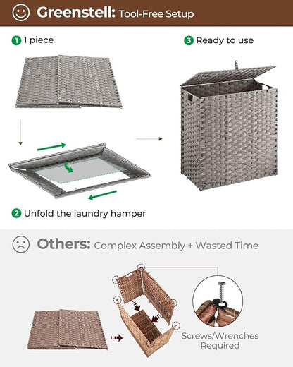 Greenstell Laundry Hamper with lid, No Install Needed, 110L Wicker Laundry Baskets Foldable 2 Removable Liner Bags, 2 Section Clothes Hamper Handwoven Rattan Laundry Basket with Handles, Gray