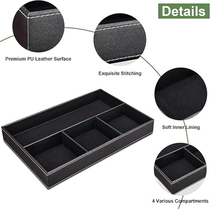 GORESE 2 Pieces Faux Leather Valet Tray for Men, Stackable Jewelry Organizer for Drawers, Nightstand Caddy Tray for Key, Wallet, Sunglass, Watch, Coin, Phone, Bedside Desk-top Storage Black