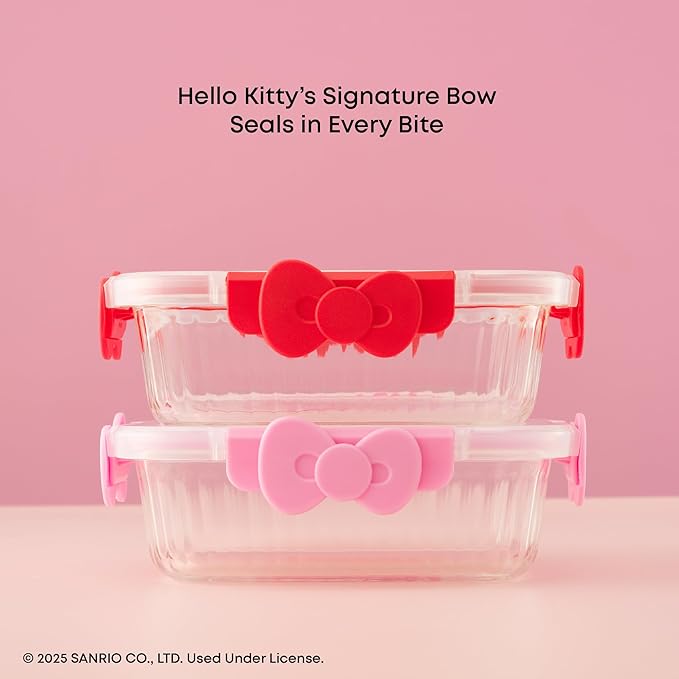 JoyJolt Sanrio Hello Kitty Fluted Glass Food Storage Containers with Lids, 2x Airtight Glass Storage Containers with Lids for Kitchen, Reusable Lunch Meal Prep Container, Cute Hello Kitty Gifts