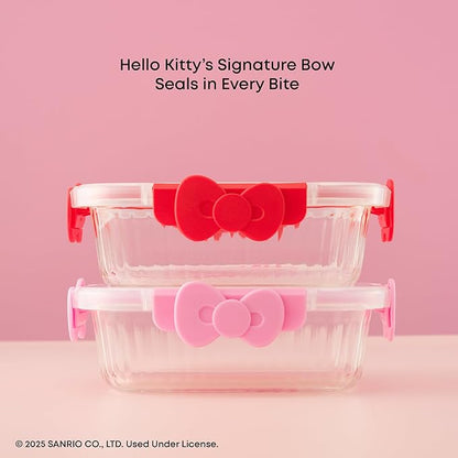 JoyJolt Sanrio Hello Kitty Fluted Glass Food Storage Containers with Lids, 2x Airtight Glass Storage Containers with Lids for Kitchen, Reusable Lunch Meal Prep Container, Cute Hello Kitty Gifts