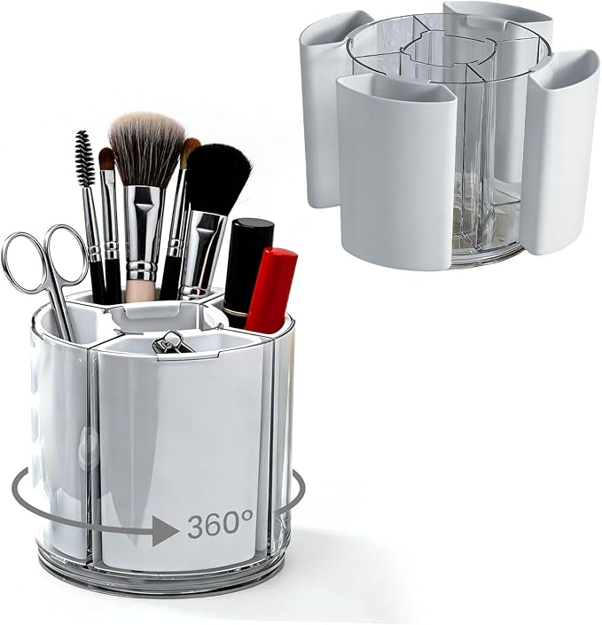 Rotating Makeup Organizer Countertop, Detachable Desk Organizer, 5 Slots Unique Make up Brushes Cup for Cosmetics, Art Supply, Multi Compartment Pen Holder, White, 1 Piece