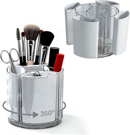 Rotating Makeup Organizer Countertop, Detachable Desk Organizer, 5 Slots Unique Make up Brushes Cup for Cosmetics, Art Supply, Multi Compartment Pen Holder, White, 1 Piece