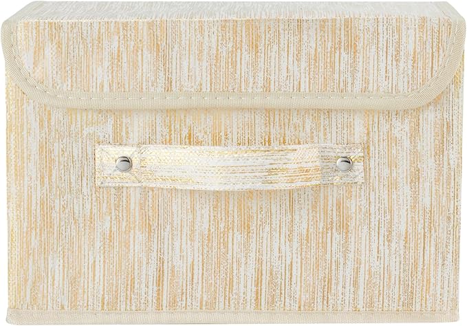 Decorative Storage Boxes with Lid Luxury Metallic Fabric Storage Bins Organizer Containers Collapsible Shelf Baskets with Handles for Home Bedroom Closet Office (Gold, Small Size)
