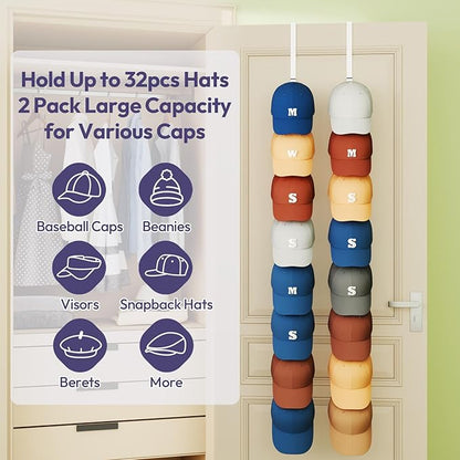 SWTYMIKI Over Door Hat Organizer - 2 Packs Metal Wall Mounted Hat Rack with 16 Hooks Design, Hanging Baseball Cap Organizer Storage Holds up to 32 Caps for Door, Bedroom, Closet(White)
