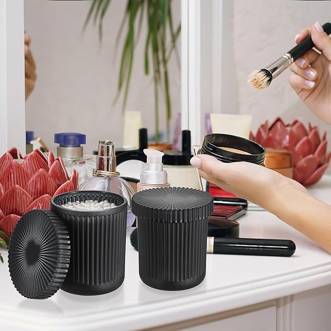 2 Pack Glass Qtip Holder with Lid, Qtip Dispenser Bathroom Storage Jars- Glass Apothecary Jars for Cotton Ball, Swab, Pads, Floss Picks, Bathroom Accessories Organization and Vanity Organizer(Black)