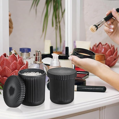 2 Pack Glass Qtip Holder with Lid, Qtip Dispenser Bathroom Storage Jars- Glass Apothecary Jars for Cotton Ball, Swab, Pads, Floss Picks, Bathroom Accessories Organization and Vanity Organizer(Black)